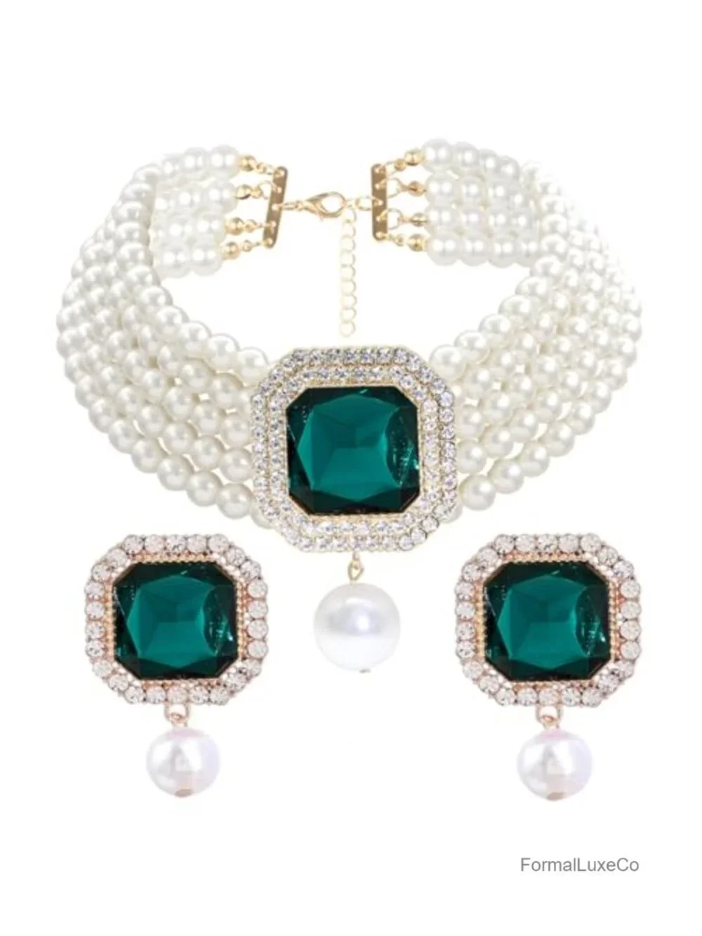 Simulated Pearl Choker Necklace and Earrings Set Rhinestone Crystal Gold-tone
